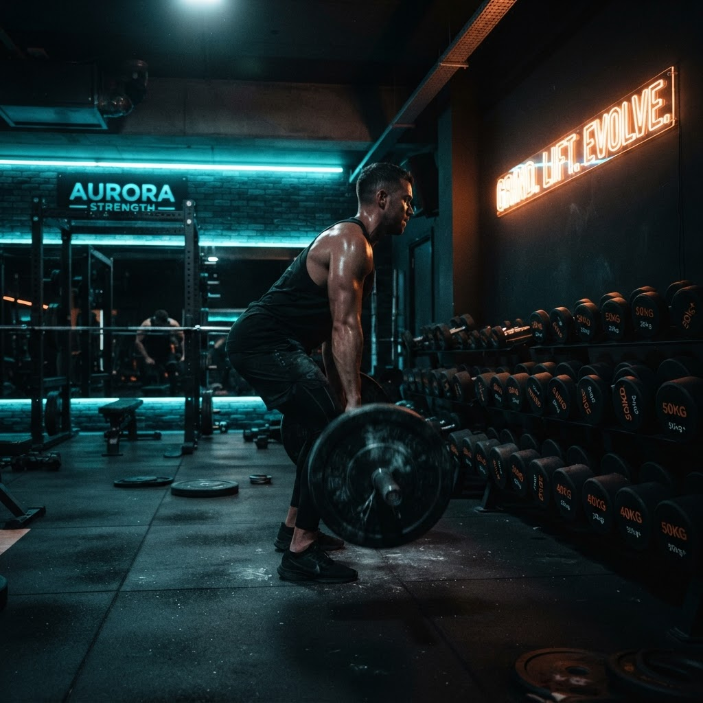 Premium AI-powered gym interior with dramatic neon lighting